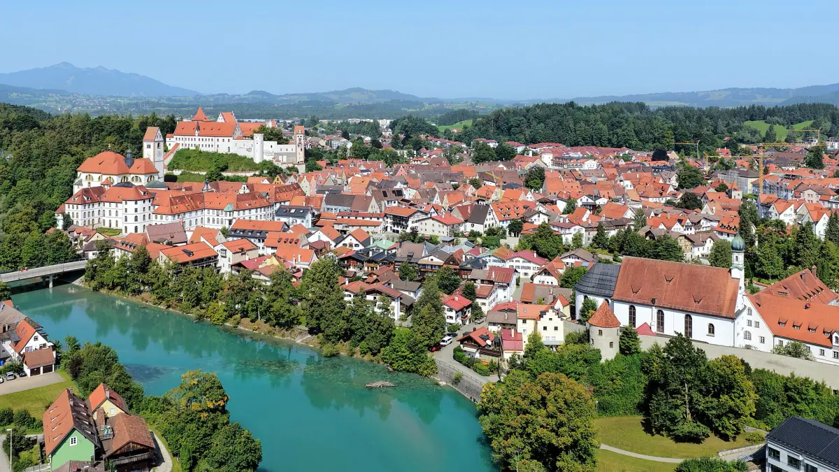 The old town of Füssen on the river Lech from above