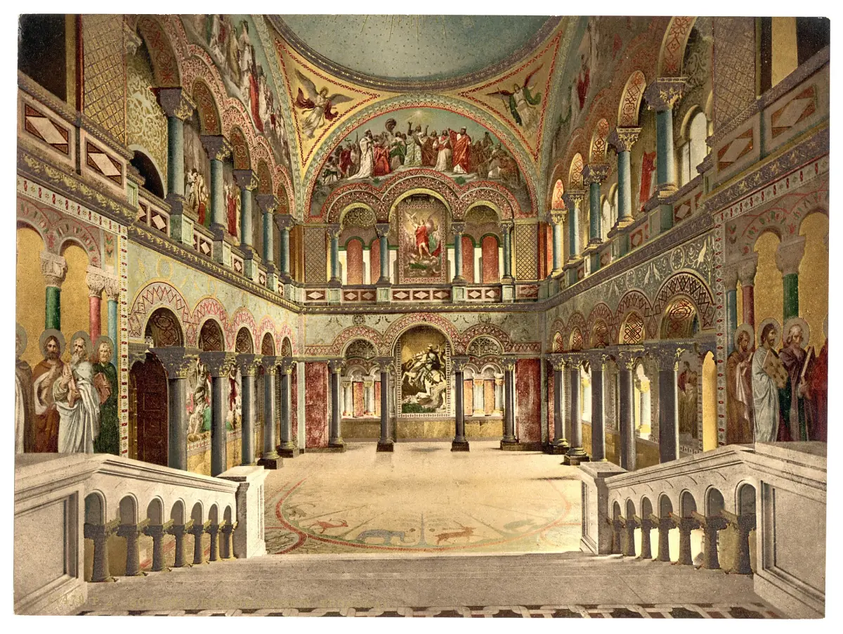 The Throne Hall of Neuschwanstein in a historic colour print