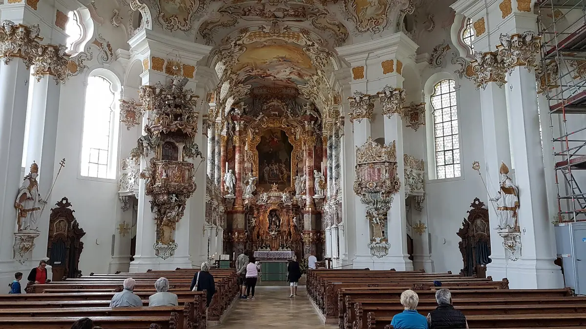 The white and gold Rococo interior of the Wieskirche